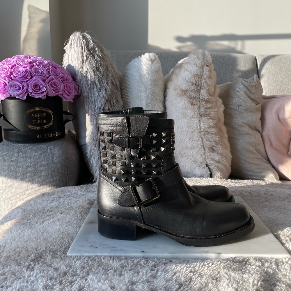 Valentino black leather rock stud silver stud boot